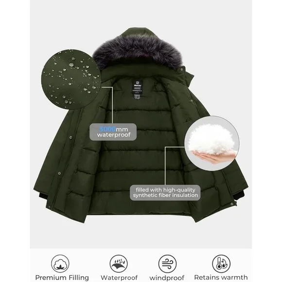 Women's Winter Warm Cozy Thicken Green Hood Puffer Jacket Coats Inner pocket